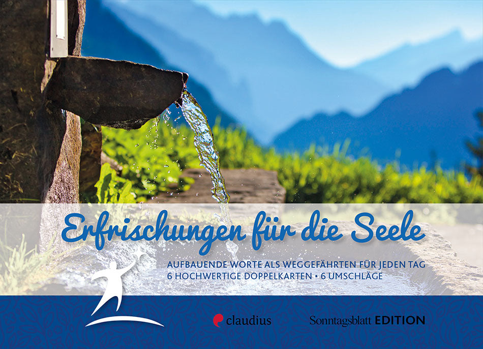 Geschenkbox mit 6 hochwertigen Doppelkarten und 6 Umschlägen. Das Bild zeigt eine Wasserquelle in den Bergen mit dem Titel 'Erfrischungen für die Seele'.