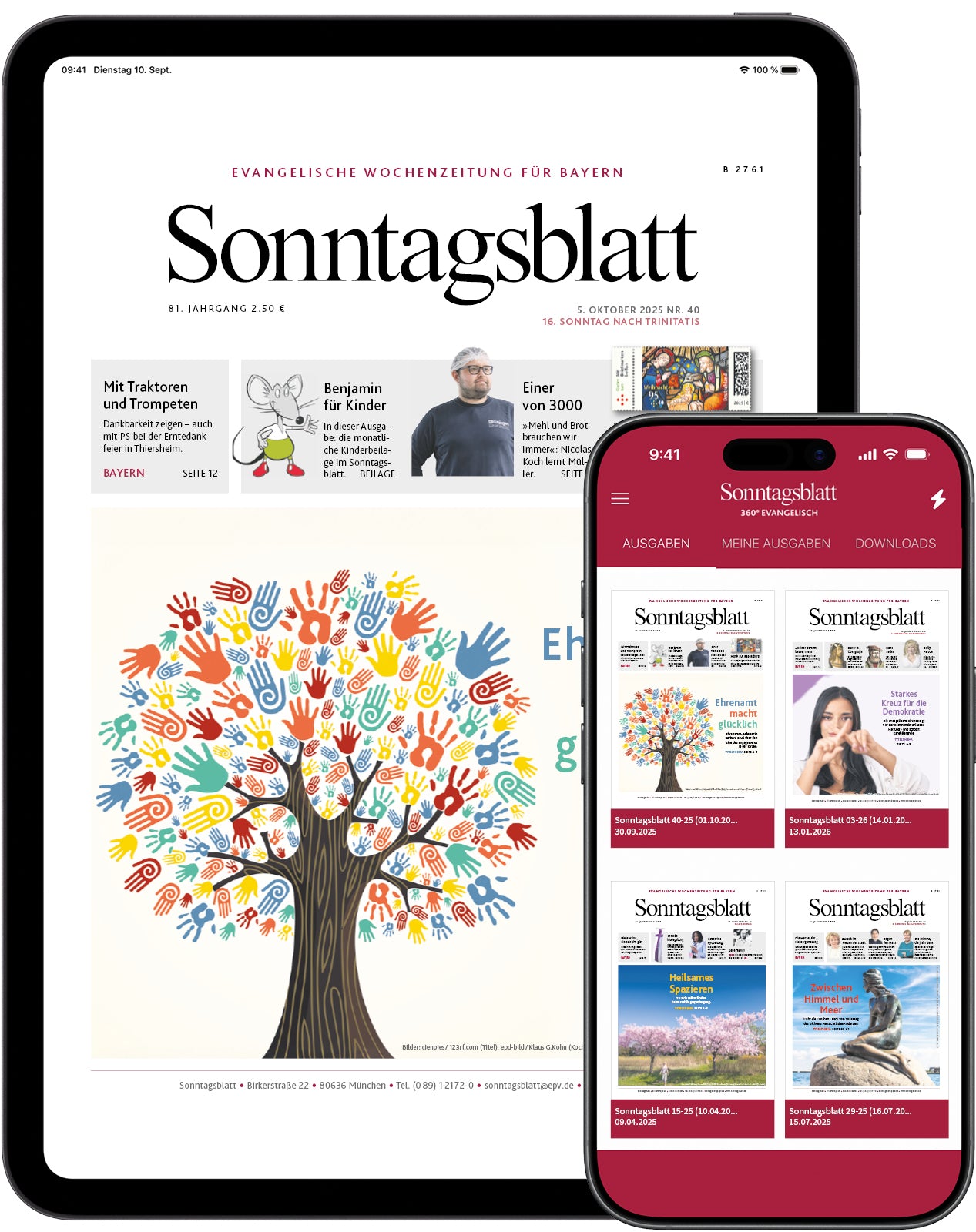 Tablet und Smartphone zeigen die digitale Ausgabe der evangelischen Wochenzeitung Sonntagsblatt mit einem Titelbild eines Baums aus bunten Handabdrücken und einer App-Übersicht mit mehreren Ausgaben der Zeitung.