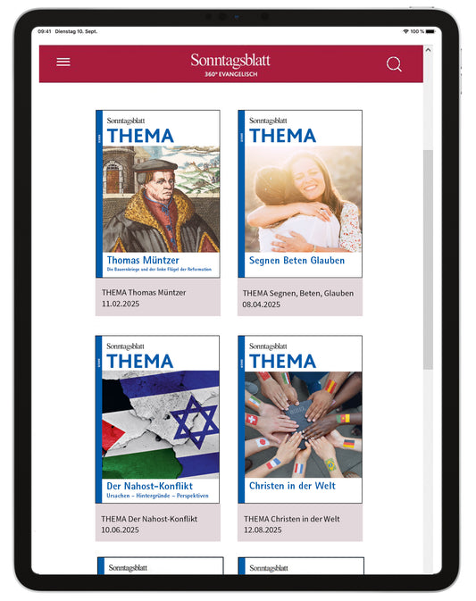 Verschiedene Cover des Sonntagsblatts "THEMA-Magazins" über Thomas Müntzer, Segnen-Beten-Glauben, der Nahost-Konflikt und Christen der Welt.