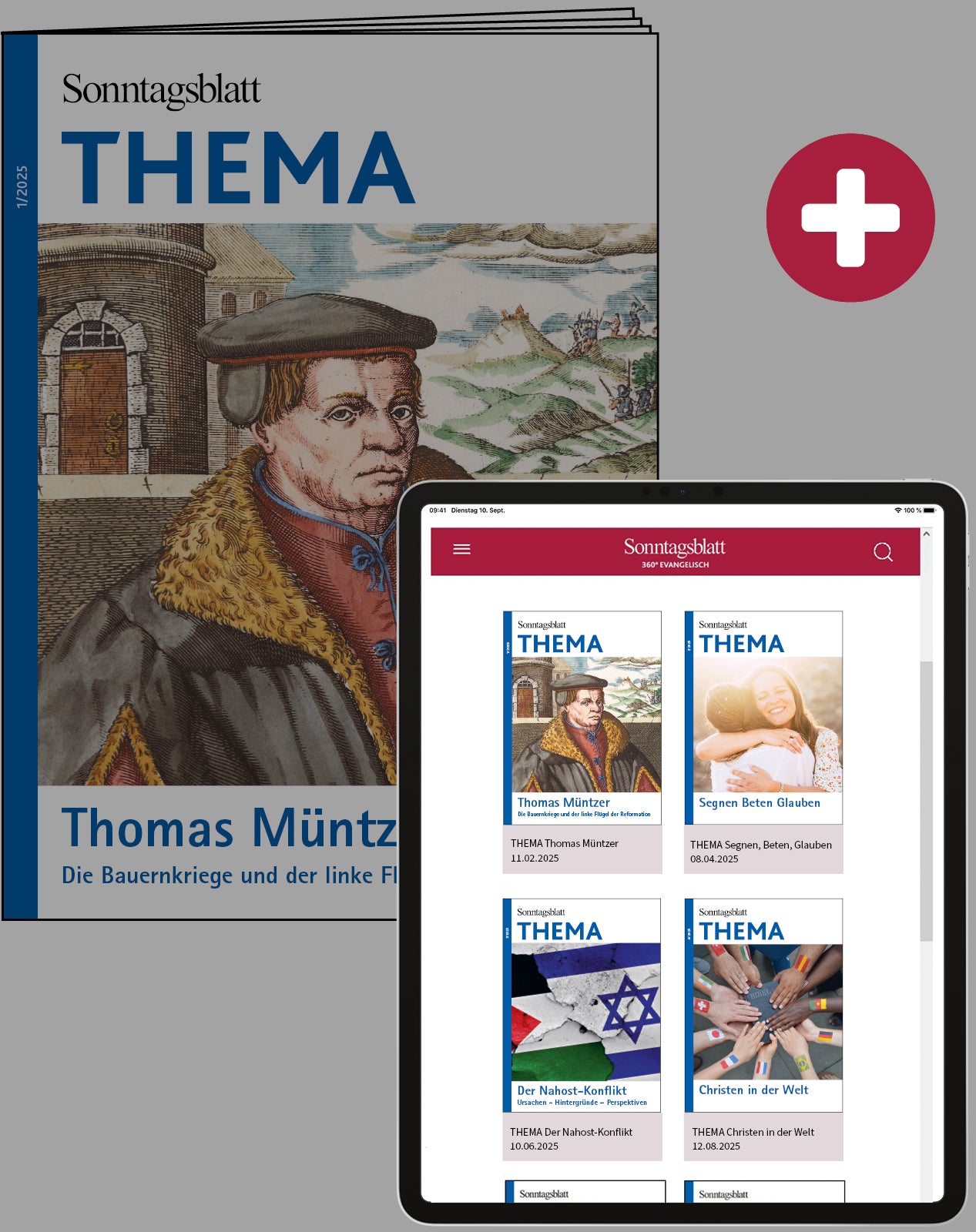 Cover des Sonntagsblatts "THEMA-Magazins" über Thomas Müntzer, neben einem Tablet mit digitalem Inhalt zu historischen Themen.