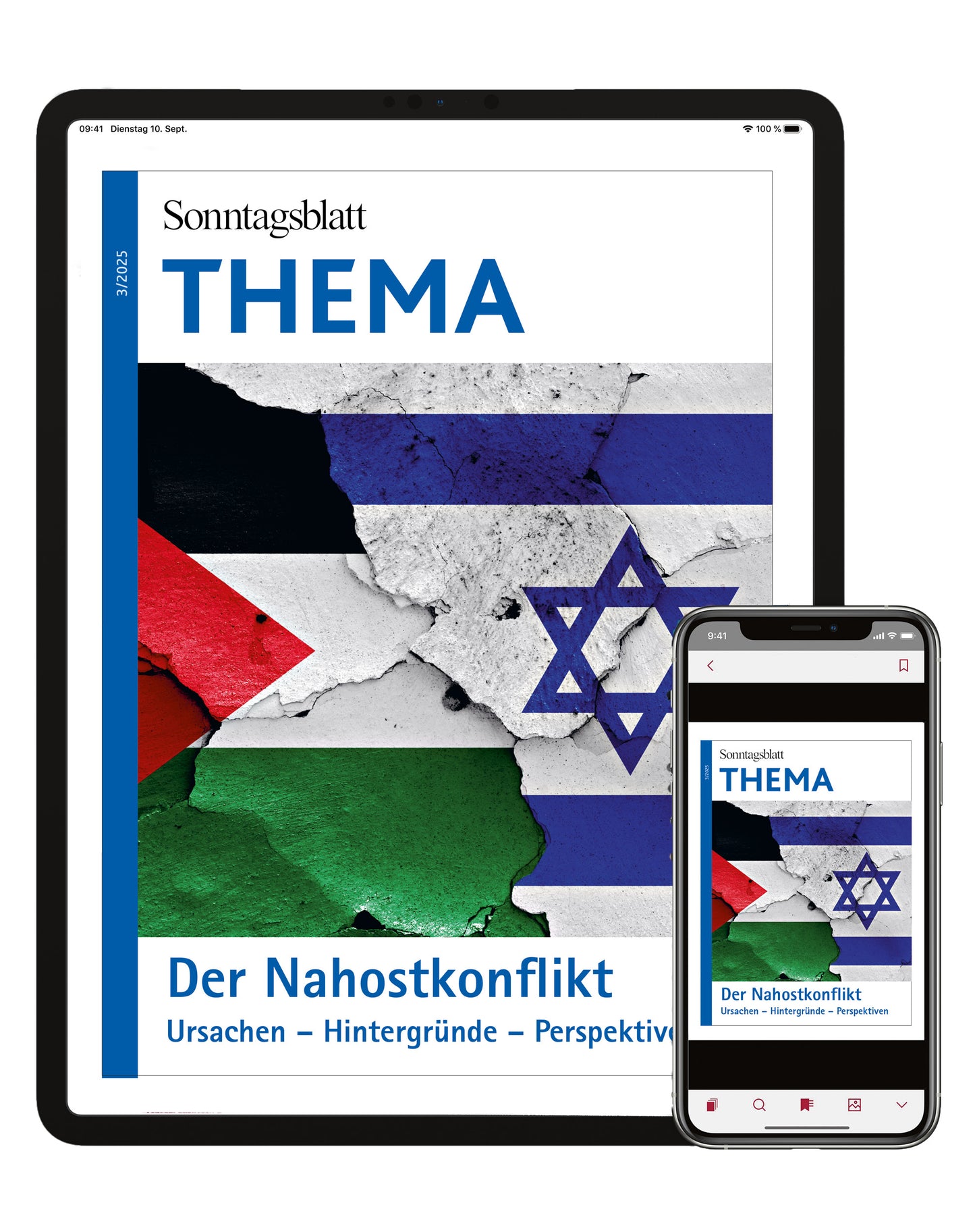Cover des digitalen THEMA-Magazins „Der Nahostkonflikt“. Es zeigt eine stilisierte Landkarte des Nahen Ostens in gedeckten Farben, auf der die Umrisse Israels und der umliegenden Gebiete zu erkennen sind. Darüber liegt der Titel „Der Nahostkonflikt“ in großer, weißer Schrift. Im unteren Bereich des Covers stehen die Stichworte „Ursachen – Hintergründe – Perspektiven“.