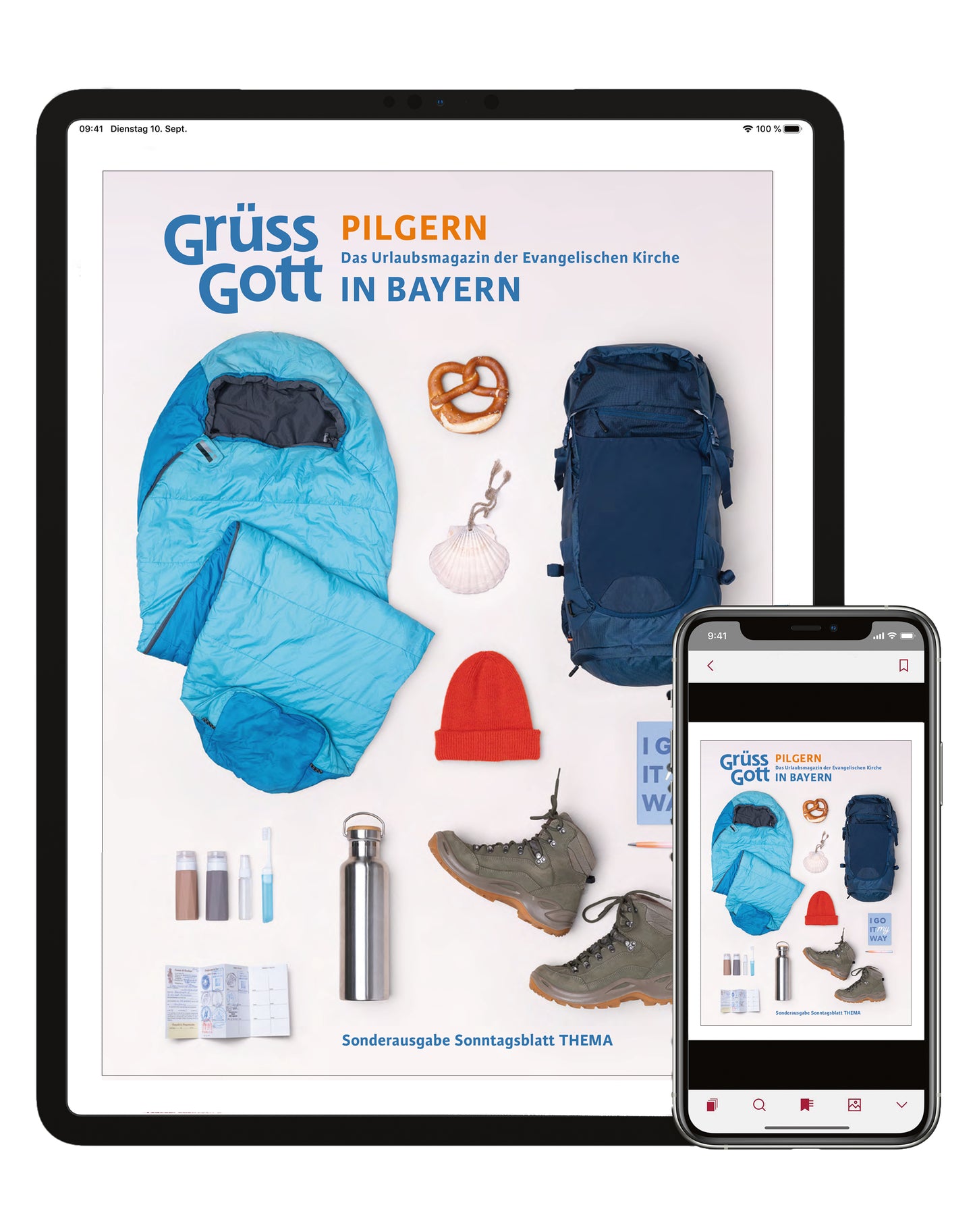 Cover der digitalen Sonderausgabe des THEMA-Magazins Grüß Gott. Pilgern in Bayern.
Es zeigt einen blauen Schlafsack, Rucksack, Wasserflasche, Wanderschuhe und weitere Pilgerutensilien. Angezeigt auf einem Tablet und einem Smartphone.