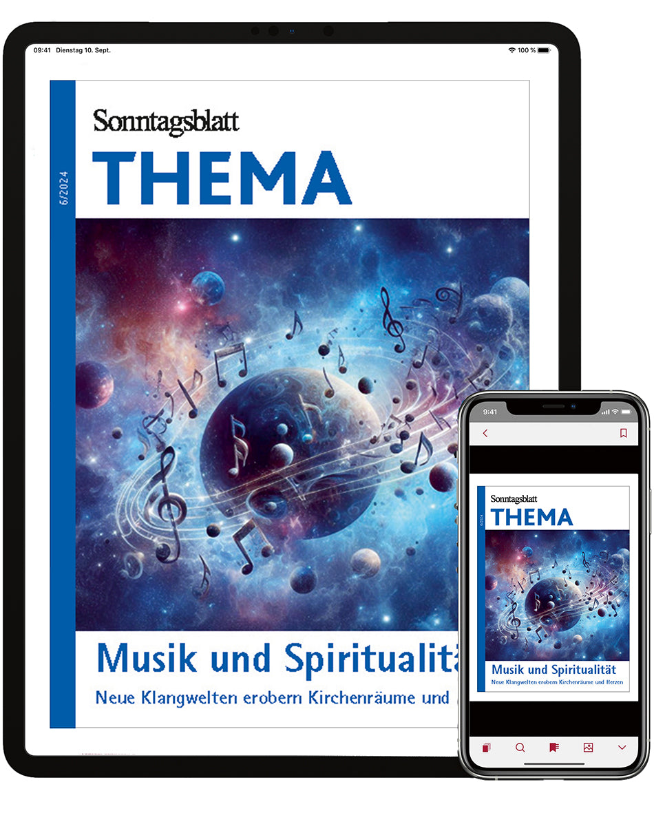 Cover des THEMA-Magazins Musik und Spiritualität. Neue Klangwelten erobern Kirchenräume und Herzen.
Es zeigt einen Planeten, der von Noten und Notenschlüsseln umkreist wird. Im Hintergrund sind weitere Planeten und Sterne sowie Sternennebel. Angezeigt auf einem Tablet und einem Smartphone.