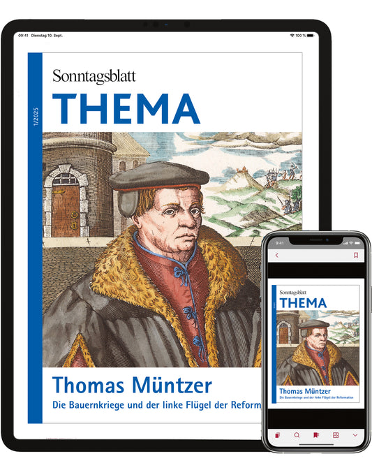 Cover des digitalen THEMA-Magazins Thomas Müntzer. Die Bauernkriege und der linke Flügel der Reformation. 
Die Abbildung zeigt ein Porträts von Thomas Müntzer in historischer Kleidung, mit einem Umhang und einem Hut. Im Hintergrund ist eine Burg und Landschaft. Angezeigt auf einem Tablet und einem Smartphone.