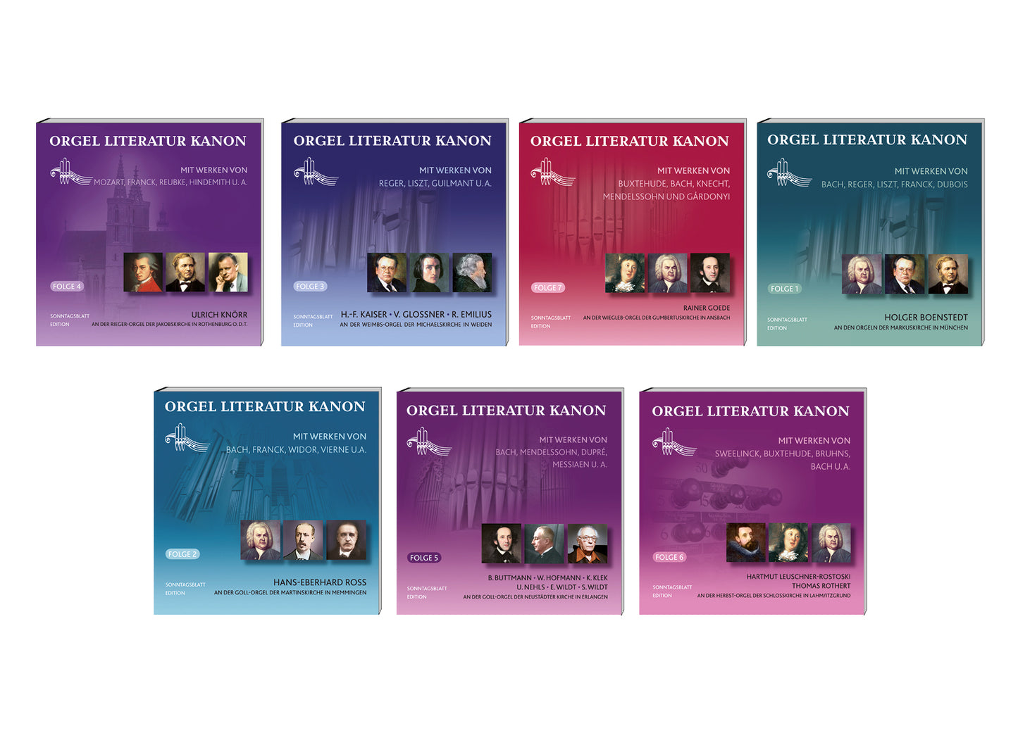 Der Orgel Literatur Kanon besteht aus sieben CD´s mit den 50 wichtigsten Werken der Orgelliteratur. Das Bild zeigt die CD Hüllen in verschiedenen Farben mit den Porträts verschiedener Musiker.
