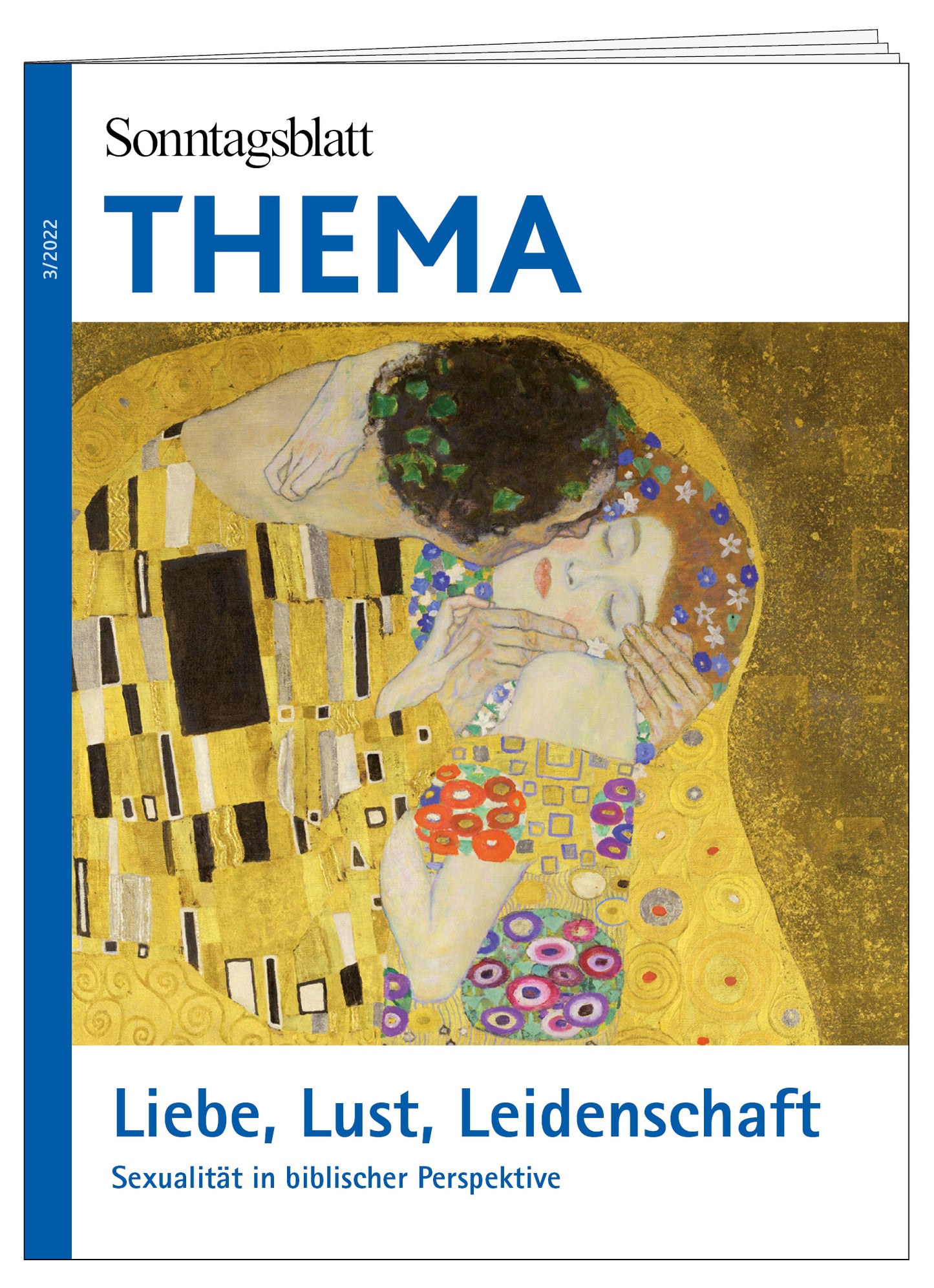 Cover des THEMA-Magazins Liebe, Lust, Leidenschaft. Sexualität in biblischer Perspektive. Die Abbildung ist ein historisches Bild, das eine innige Umarmung eines Paares zeigt. Sie sind in eine goldene Decke gehüllt.