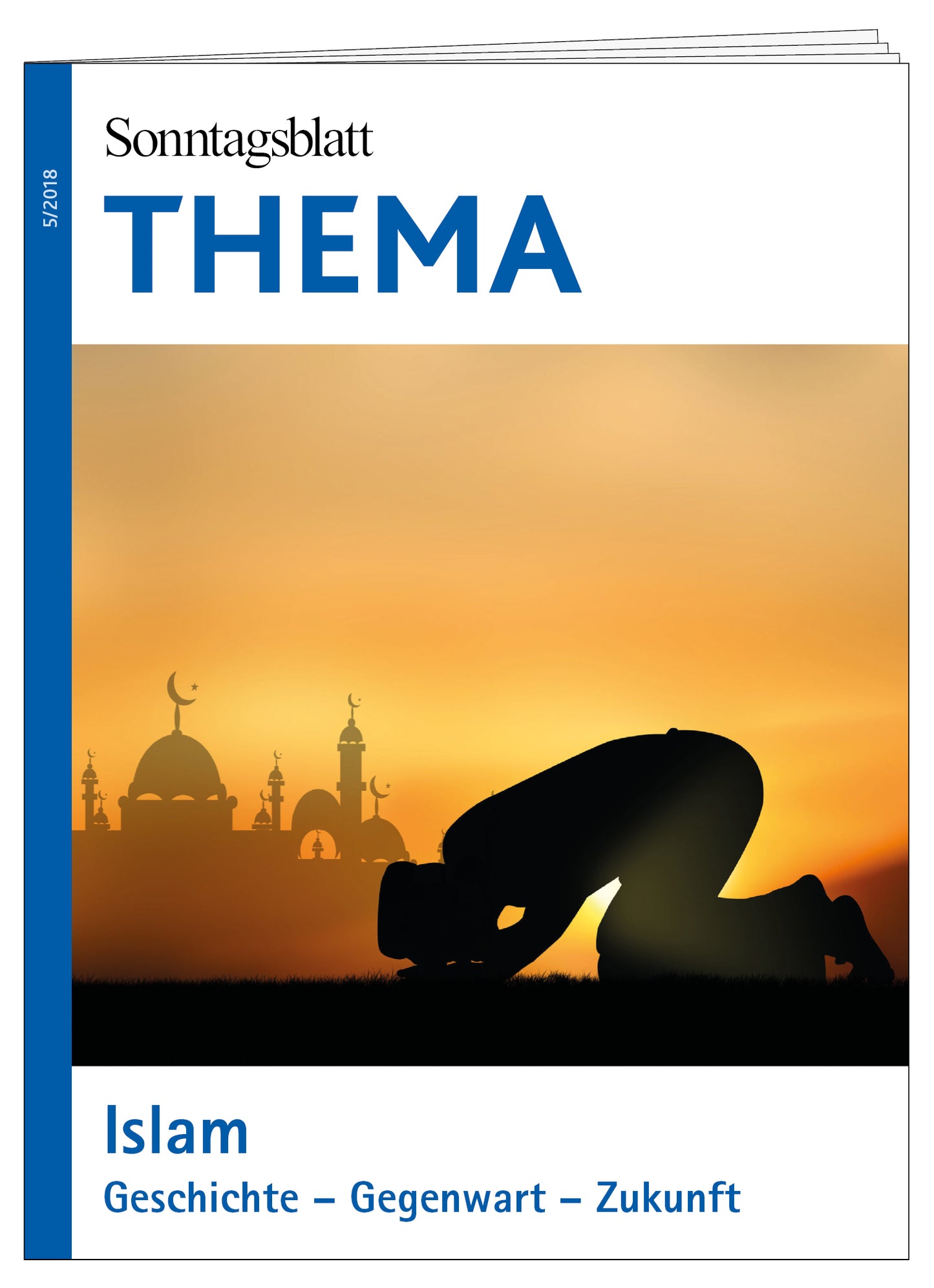 Cover des THEMA-Magazins "Der Islam"
Geschichte - Gegenwart - Zukunft
Das Bild zeigt die Silhouette eines betenden Mannes vor einer Moschee im Sonnenuntergang.