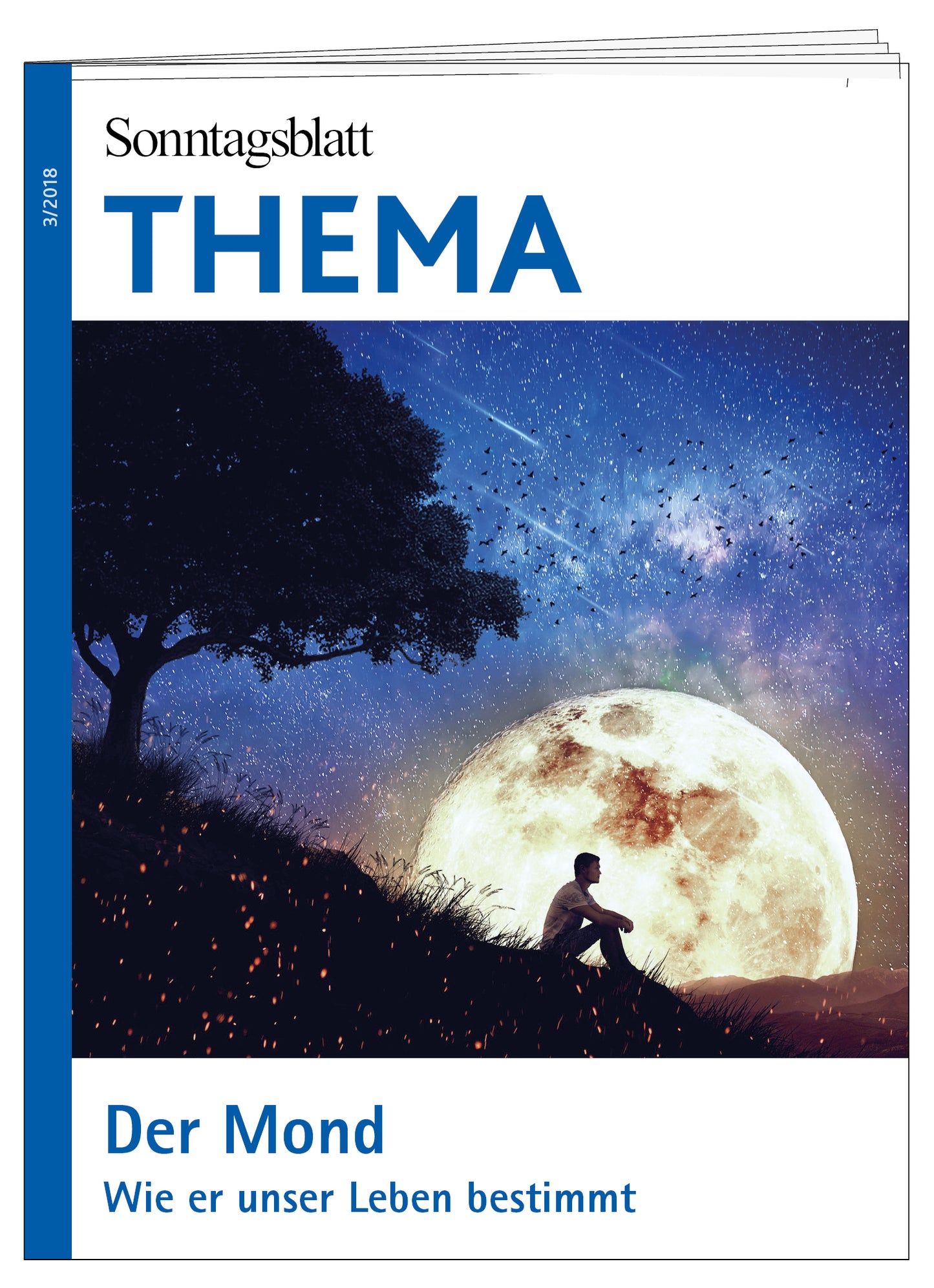 Cover des THEMA-Magazins "Der Mond".
Wie er unser Leben bestimmt.
Das Bild zeigt eine Person die auf einem Hügel sitzt und schaut auf einen großen, leuchtenden Mond.