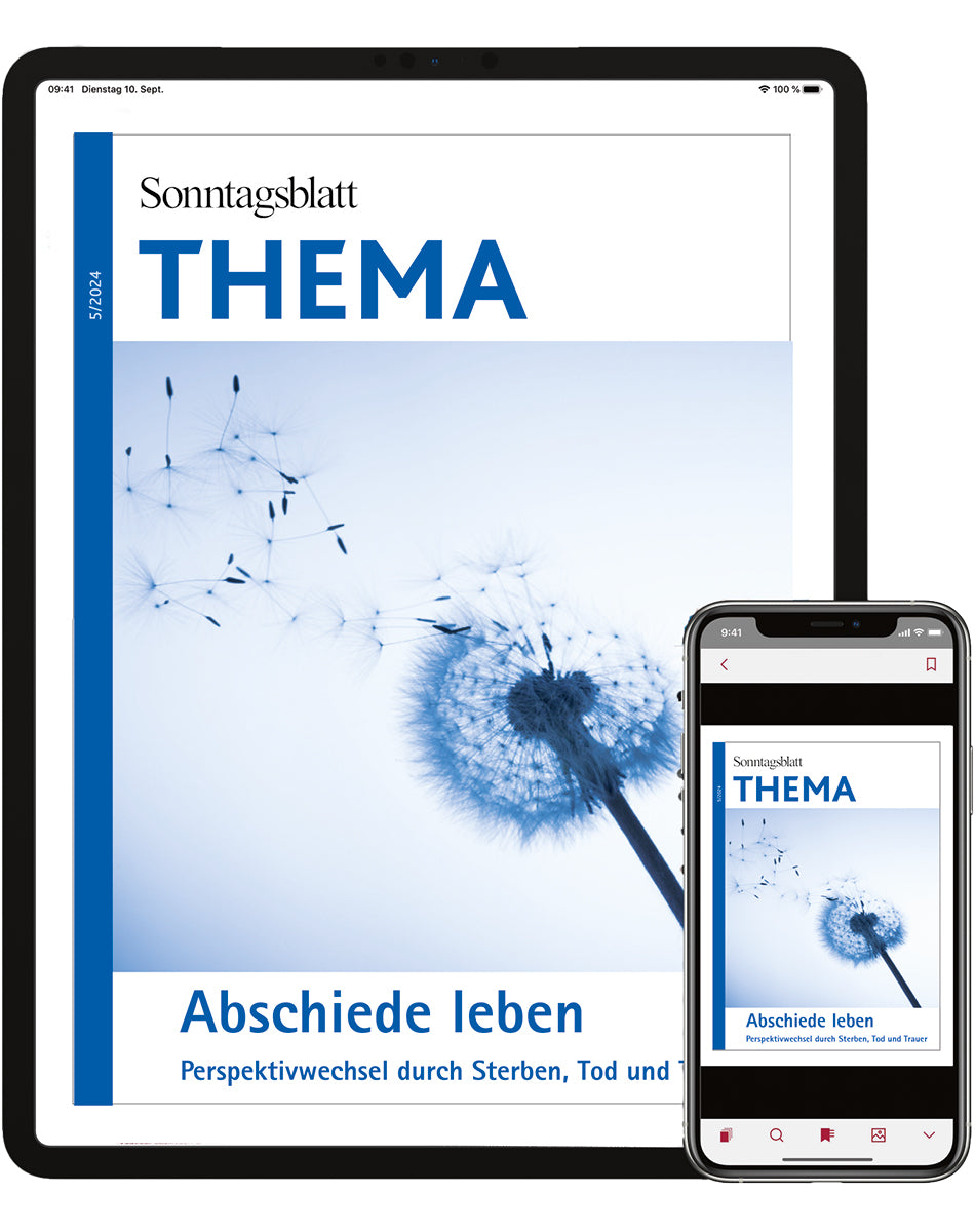 Cover des THEMA-Magazins Abschiede leben. Perspektivwechsel durch Sterben, Tod und Trauer.
Abgebildet ist eine Pusteblume, die im Winde verweht, auf einem Tablet und einem Smartphone.