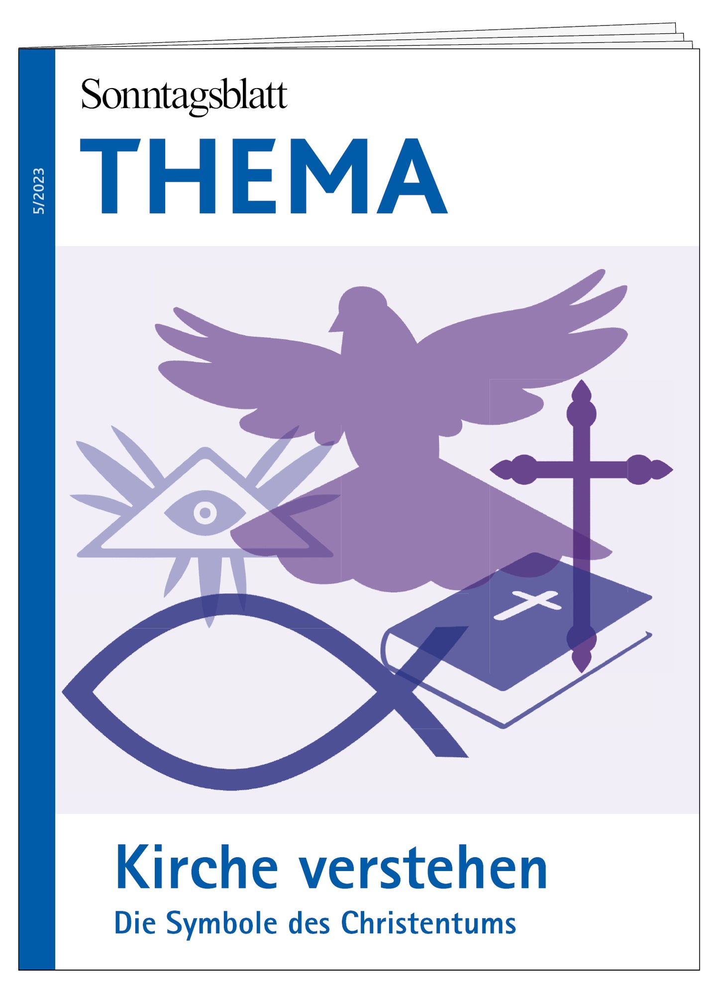 Cover des THEMA-Magazins Kirche verstehen. Die Symbole des Christentums. Abgebildet sind Symbole, wie eine Taube, ein Kreuz, ein Fischsymbol ein sehendes Auge und ein Buch mit Kreuz darauf.