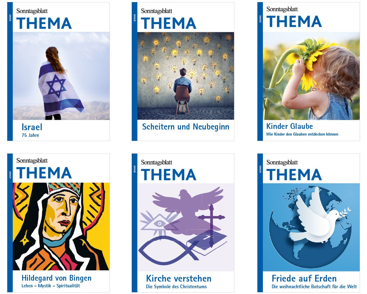 Sechs THEMA-Magazine aus 2023. Oben links: Israel mit einer Davidstern-Flagge. Oben Mitte: 'Scheitern und Neubeginn' mit leuchtenden Glühbirnen. Oben rechts: 'Kinder Glaube' ein Kind mit Sonnenblume. Unten links: Hildegard von Bingen im Pop Art Stil. Unten Mitte: Eine Taube als Symbol des Christentums mit dem Titel Kirche verstehen. Unten rechts: 'Friede auf Erden' mit einer Friedenstaube