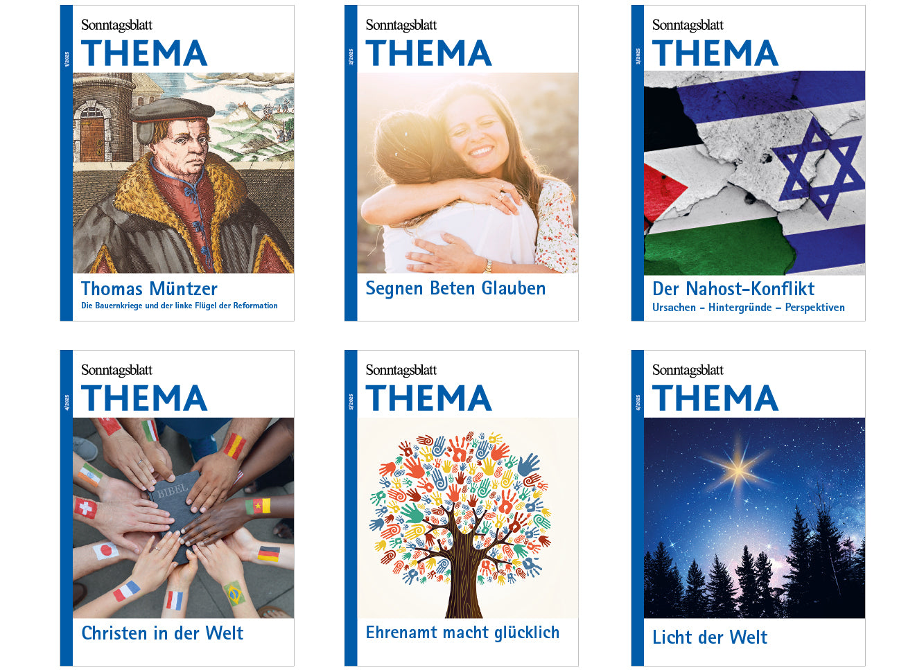 Eine Vorschau der kommenden Thama-Magazine aus dem Jahr 2025. Thomas Müntzer, Segnen-Beten-Glauben, Der Nahost-Konflikt, Christen der Welt, Ehrenamt macht glücklich, Licht der Welt
