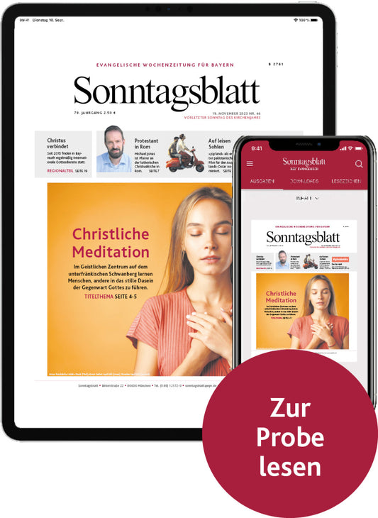 Das digitale Sonntagsblatt auf einem Tablet und Smartphone, mit dem Titel und einem Hinweis zum Probelesen.