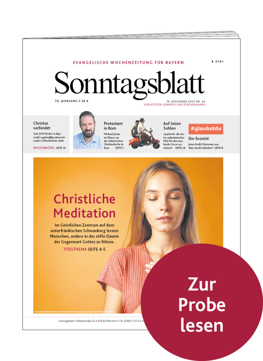 Cover des Sonntagsblatts mit einem Titelbild über christiche Meditation und einem Hinweis zum Probe lesen.