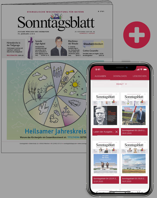 Zwei digitale Geräte zeigen das Evangelische Sonntagsblatt: Ein iPad mit der Titelseite und ein Smartphone mit Artikeln.