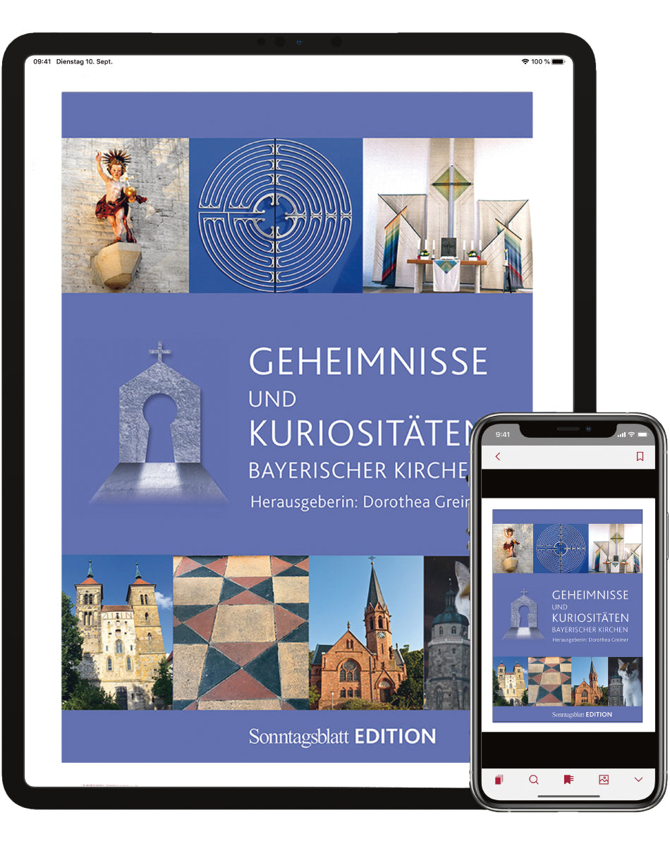 Abbildung des Buchs "Geheimnisse und Kuriositäten bayerischer Kirchen" auf dem Tablet und Handy.