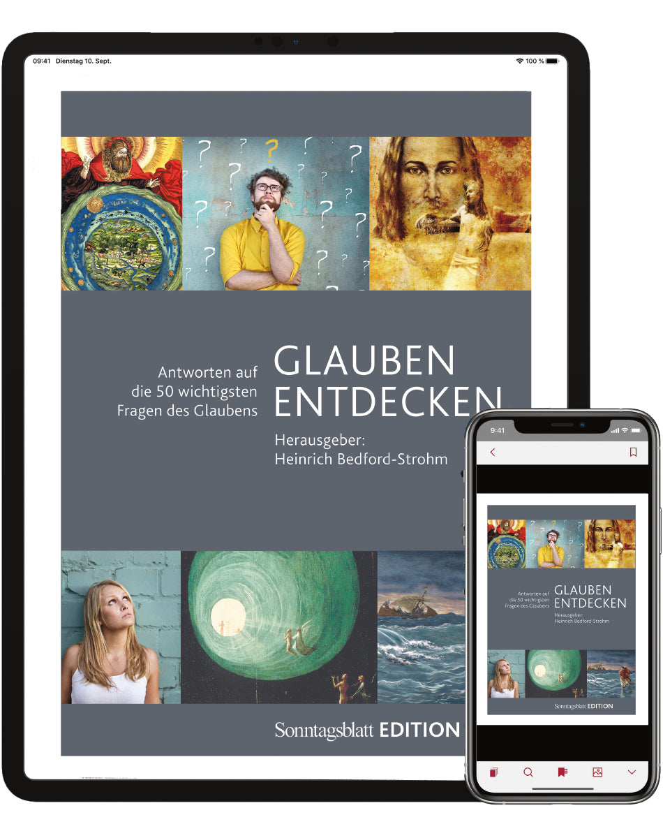 Abbildung des Buchs "Glauben entdecken" auf dem Tablet und Handy.