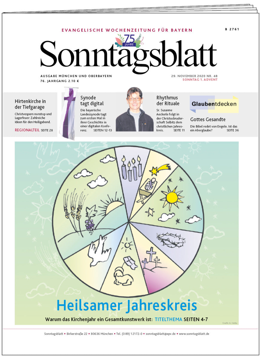 Titelseite der Evangelischen Wochenzeitung "Sonntagsblatt" mit dem Thema "Heilsamer Jahreskreis" und einem bunten Kreisdiagramm.