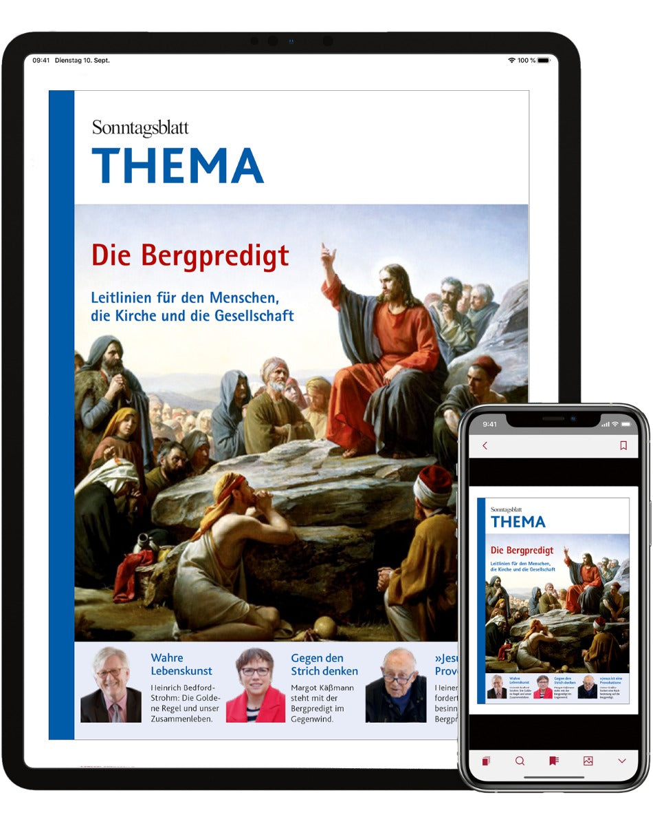 THEMA-Magazin "Bergpredigt" sichtbar auf Tablet und Smartphone.