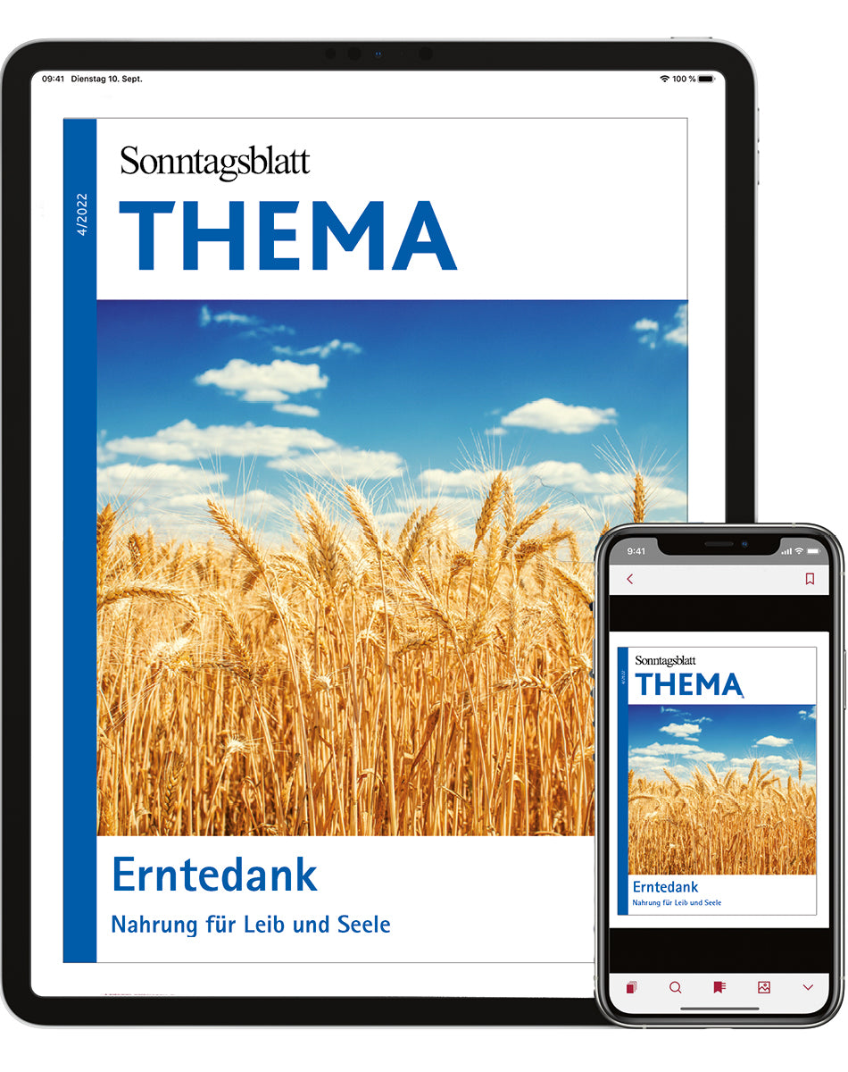 Cover des digitalen Sonntagsblatts mit dem Thema Erntedank - Nahrung für Leib und Seele, zeigt ein Feld mit reifem Weizen unter blauem Himmel. Angezeigt auf Tablet und Smartphone