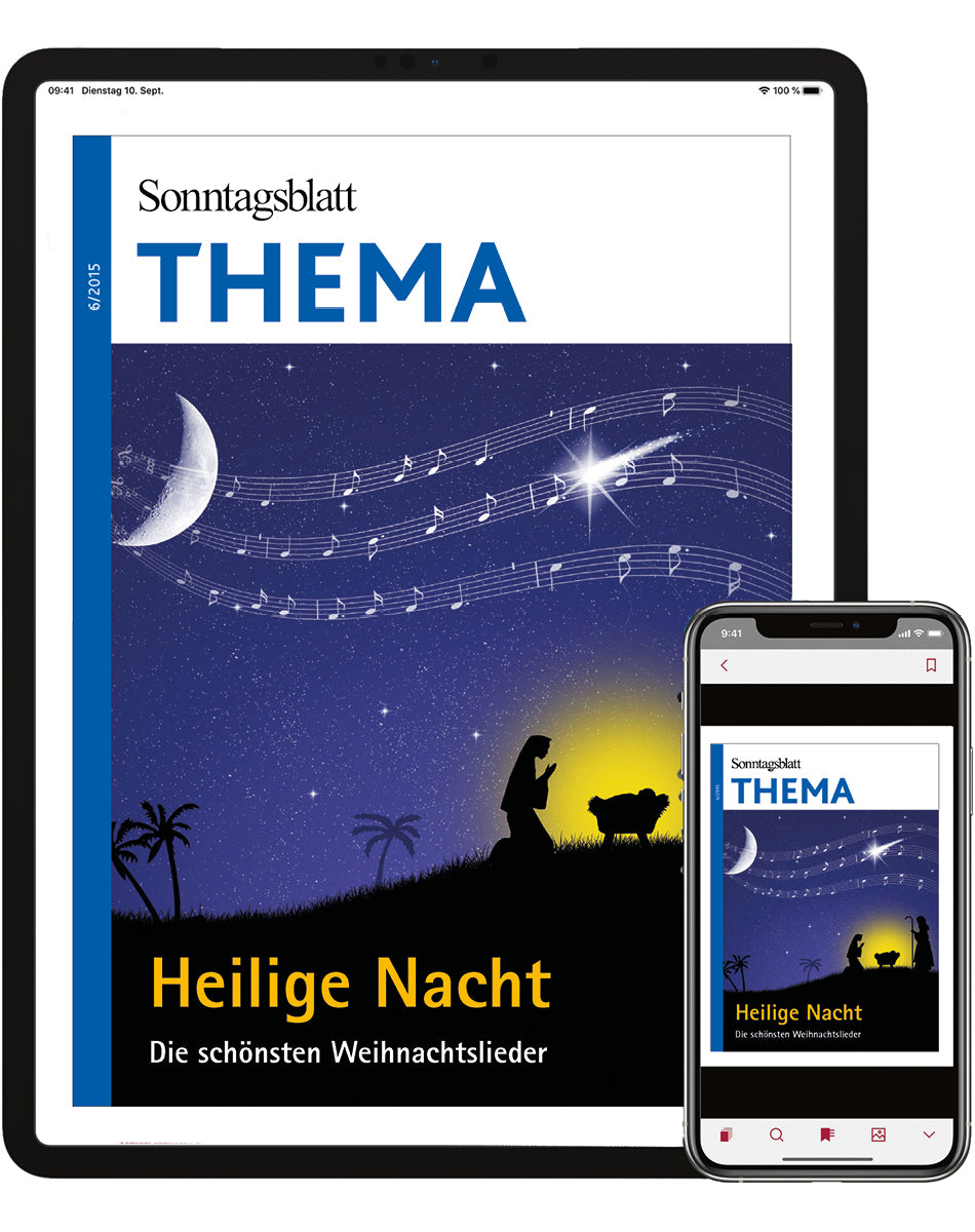 Cover des digitalen THEMA-Magazins "Heilige Nacht"
Die schönsten Weihnachtslieder
Angezeigt auf Tablet und Smartphone.