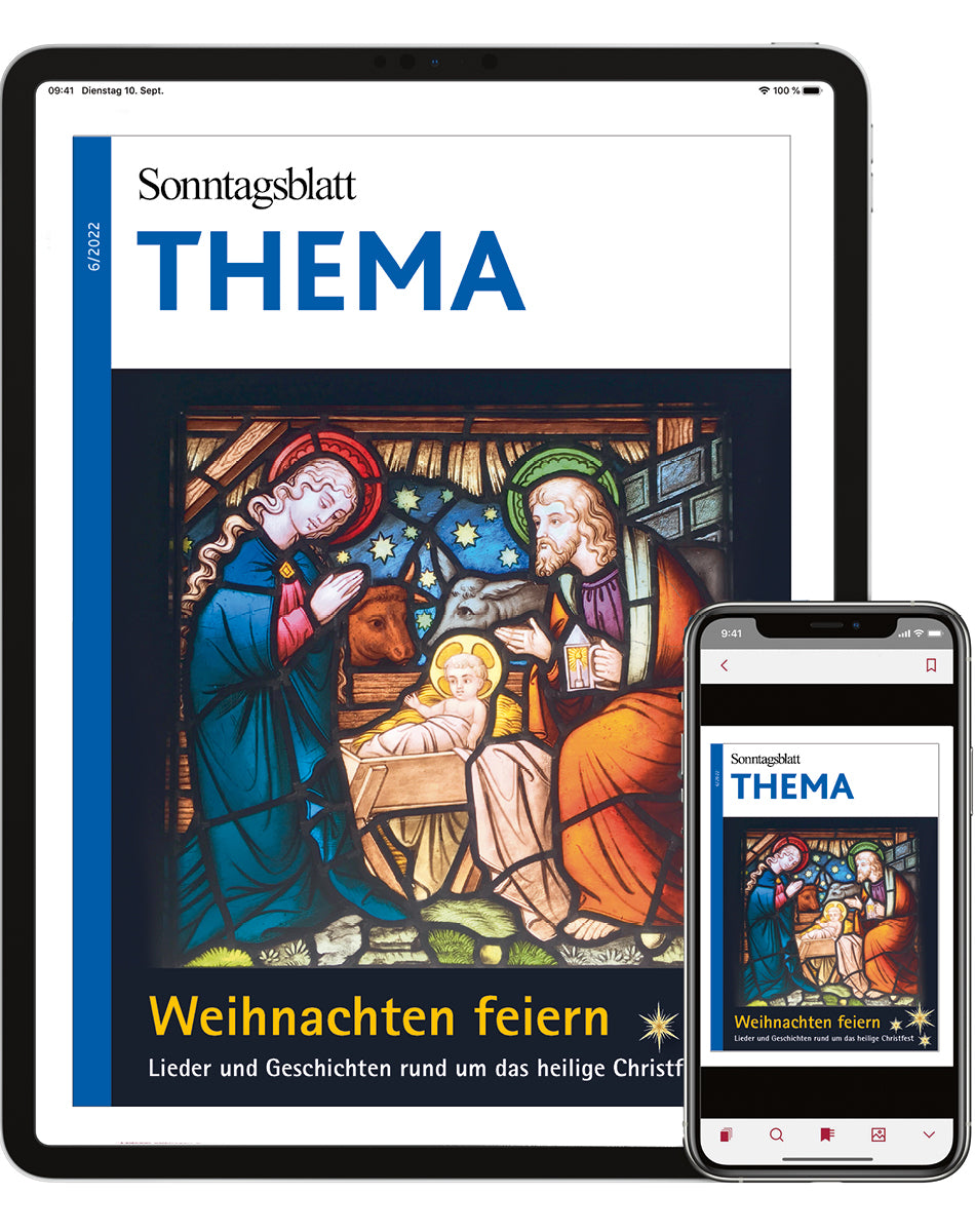 Cover des digitalen THEMA-Magazins "Weihnachten feiern"
Lieder und Geschichten rund um das heilige Christfest.
Angezeigt auf Tablet und Smartphone.