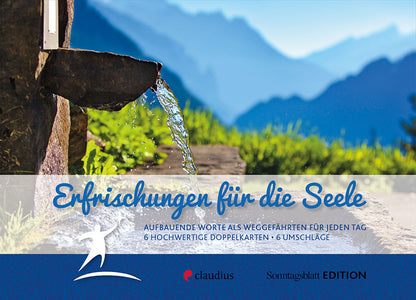 Geschenkbox mit 6 hochwertigen Doppelkarten und 6 Umschlägen. Das Bild zeigt eine Wasserquelle in den Bergen mit dem Titel 'Erfrischungen für die Seele'.