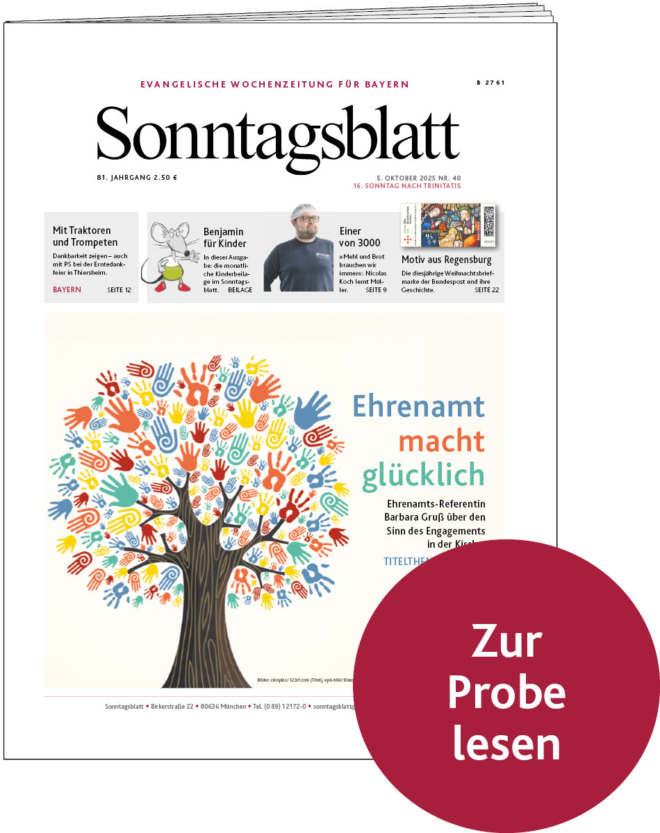 Titelblatt der evangelischen Wochenzeitung Sonntagsblatt mit einer farbigen Illustration eines Baums, dessen Krone aus bunten Handabdrücken besteht, daneben der Schriftzug 'Ehrenamt macht glücklich' und weitere Textinformationen zum Probelesen.