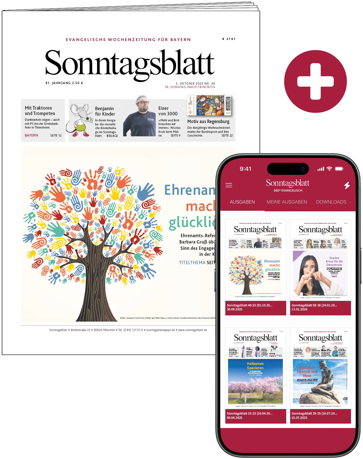 Tablet und Smartphone zeigen die digitale Ausgabe der evangelischen Wochenzeitung Sonntagsblatt mit einem Titelbild eines Baums aus bunten Handabdrücken und einer App-Übersicht mit mehreren Ausgaben der Zeitung.