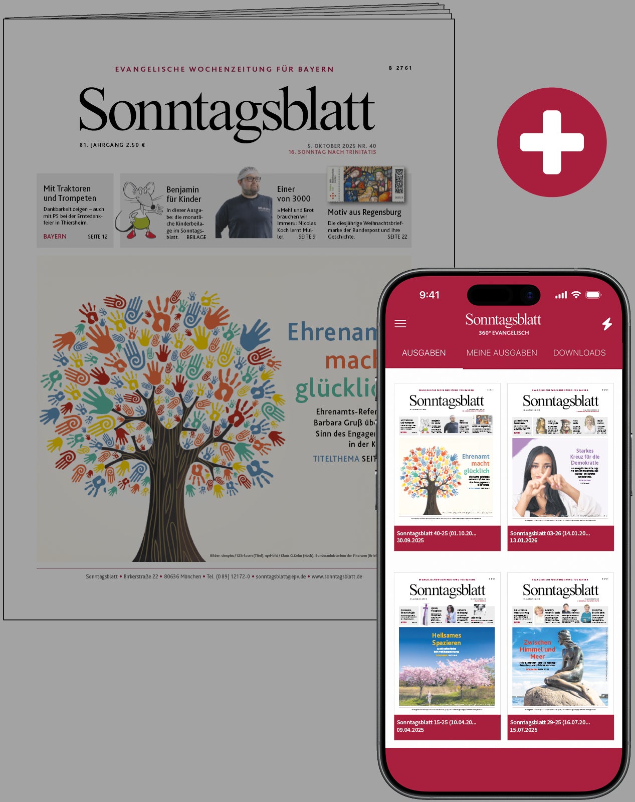 Tablet und Smartphone zeigen die digitale Ausgabe der evangelischen Wochenzeitung Sonntagsblatt mit einem Titelbild eines Baums aus bunten Handabdrücken und einer App-Übersicht mit mehreren Ausgaben der Zeitung.