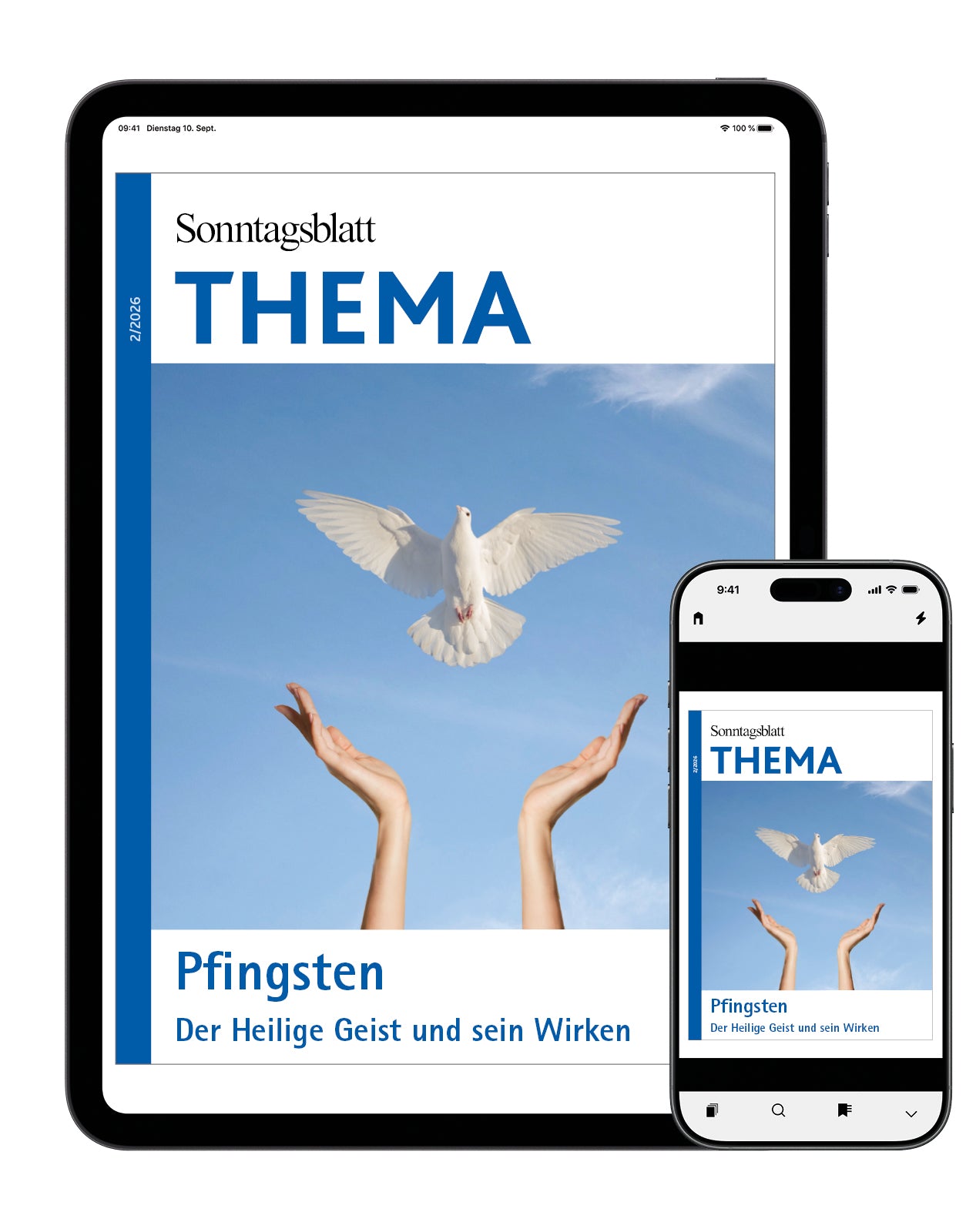 Cover des  digitalen THEMA-Magazins "Pfingsten - Der Heilige Geist und sein Wirken". Das Bild zeigt ein Smartphone und ein Tablet mit einem Foto von zwei Händen die eine weiße Taube zum blauem Himmel fliegen lassen.