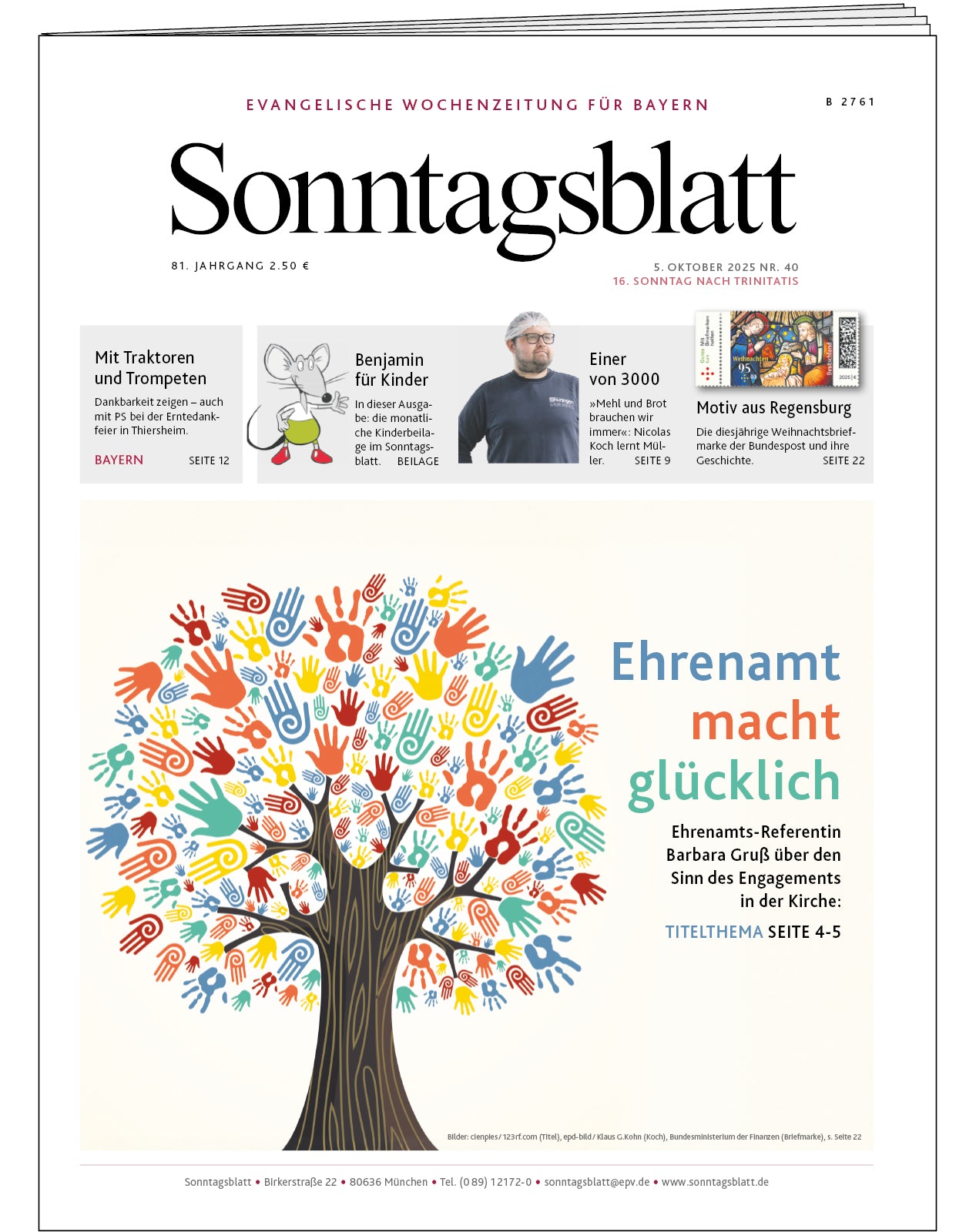Titelblatt der evangelischen Wochenzeitung Sonntagsblatt mit einer farbigen Illustration eines Baums, dessen Krone aus bunten Handabdrücken besteht, daneben der Schriftzug 'Ehrenamt macht glücklich' und weitere Textinformationen zur Ausgabe vom 5. Oktober 2025.