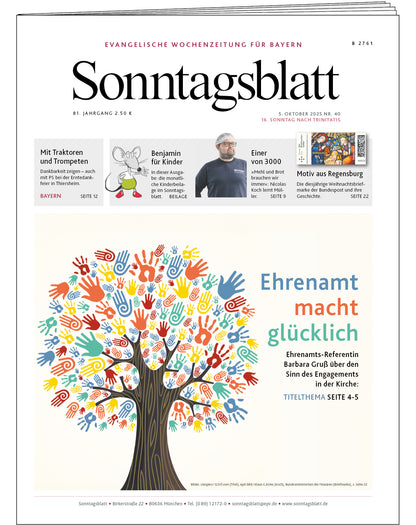 Titelblatt der evangelischen Wochenzeitung Sonntagsblatt mit einer farbigen Illustration eines Baums, dessen Krone aus bunten Handabdrücken besteht, daneben der Schriftzug 'Ehrenamt macht glücklich' und weitere Textinformationen zur Ausgabe vom 5. Oktober 2025.