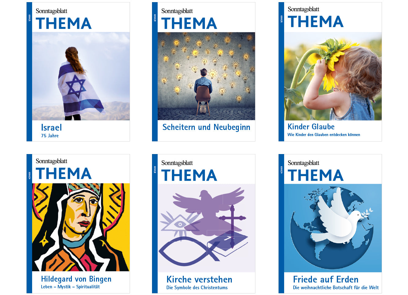 Sechs THEMA-Magazine aus 2023. Oben links: Israel mit einer Davidstern-Flagge. Oben Mitte: 'Scheitern und Neubeginn' mit leuchtenden Glühbirnen. Oben rechts: 'Kinder Glaube' ein Kind mit Sonnenblume. Unten links: Hildegard von Bingen im Pop Art Stil. Unten Mitte: Eine Taube als Symbol des Christentums mit dem Titel Kirche verstehen. Unten rechts: 'Friede auf Erden' mit einer Friedenstaube