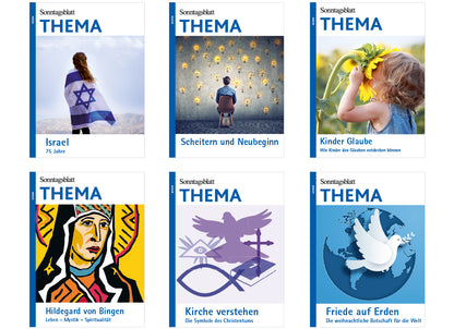 Sechs THEMA-Magazine aus 2023. Oben links: Israel mit einer Davidstern-Flagge. Oben Mitte: 'Scheitern und Neubeginn' mit leuchtenden Glühbirnen. Oben rechts: 'Kinder Glaube' ein Kind mit Sonnenblume. Unten links: Hildegard von Bingen im Pop Art Stil. Unten Mitte: Eine Taube als Symbol des Christentums mit dem Titel Kirche verstehen. Unten rechts: 'Friede auf Erden' mit einer Friedenstaube