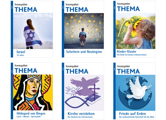 Sechs THEMA-Magazine aus 2023. Oben links: Israel mit einer Davidstern-Flagge. Oben Mitte: 'Scheitern und Neubeginn' mit leuchtenden Glühbirnen. Oben rechts: 'Kinder Glaube' ein Kind mit Sonnenblume. Unten links: Hildegard von Bingen im Pop Art Stil. Unten Mitte: Eine Taube als Symbol des Christentums mit dem Titel Kirche verstehen. Unten rechts: 'Friede auf Erden' mit einer Friedenstaube