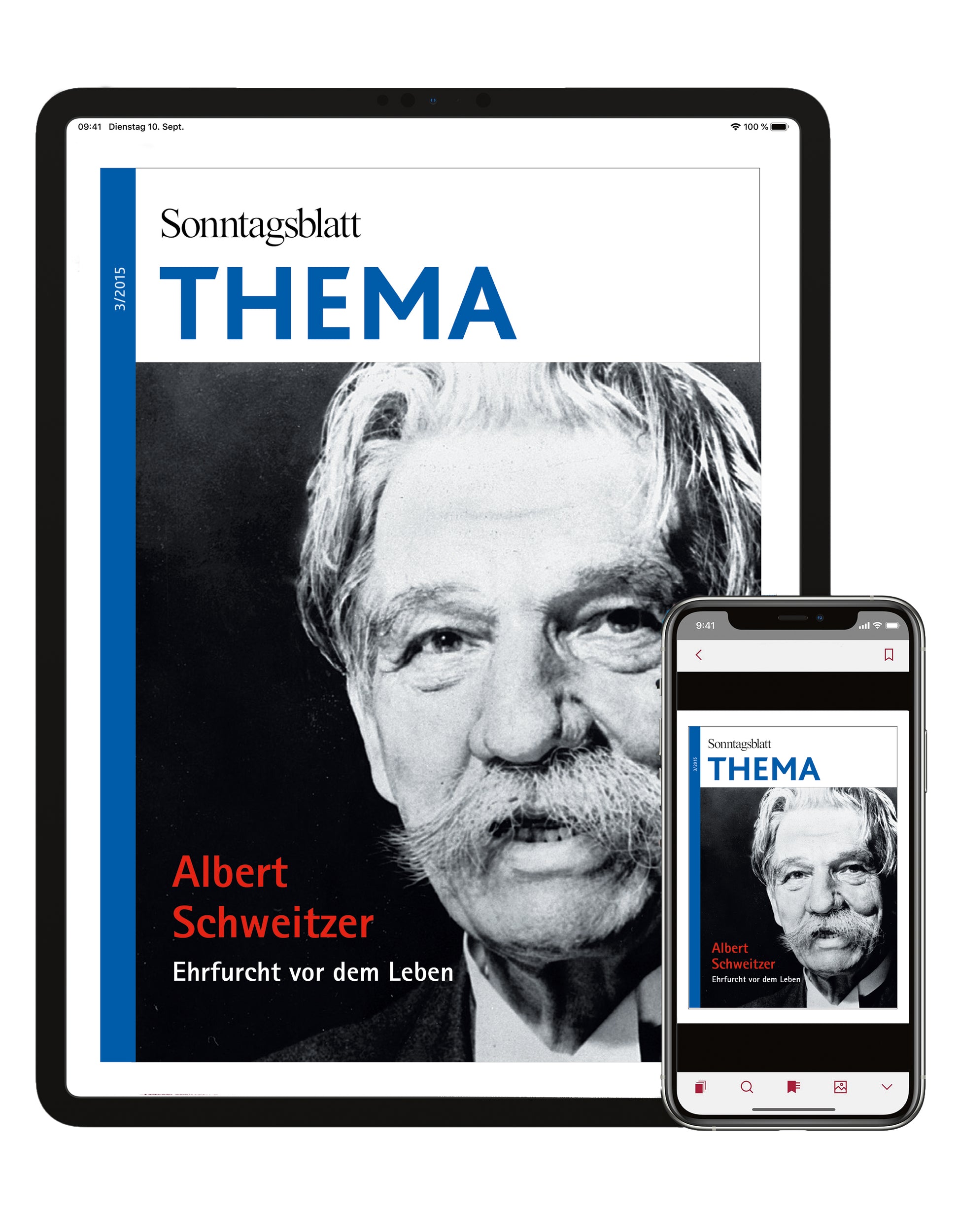Cover des Thema-Magazins Albert Schweitzer. Ehrfurcht vor dem Leben
Das Bild zeigt ein Porträt von Albert Schweitzer.  Abgebildet auf Tablet und Smartphone. 