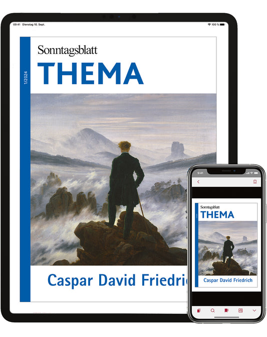 Cover des THEMA-Magazins Caspar David Friedrich.
Dieses Gemälde zeigt Im Hintergrund eine wild-romantische Landschaft mit Nebel und Bergkuppen, im Vordergrund eine Mann von hinten in einem Gehrock und Stock auf einem Felsen. Angezeigt auf Tablet und Smartphone