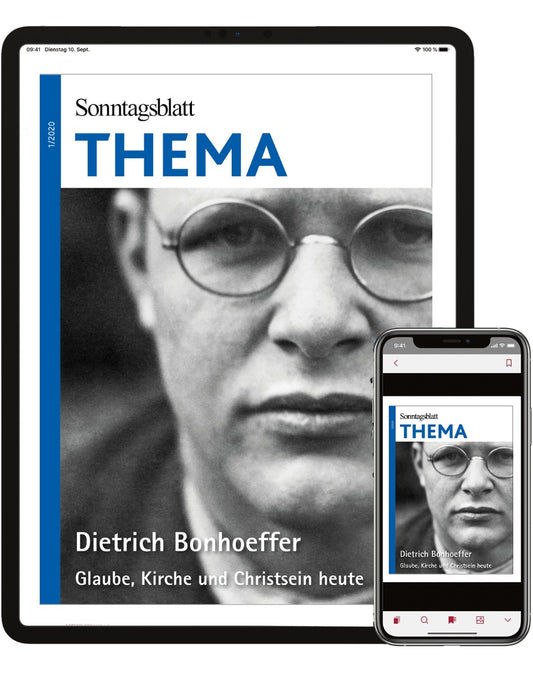 Cover des digitalen THEMA-Magazins "Dietrich Bonhoeffer"
Glaube, Kirche und Christsein heute
Das Bild zeigt Dietrich Bonhoeffer, angezeigt auf Tablet und Smartphone