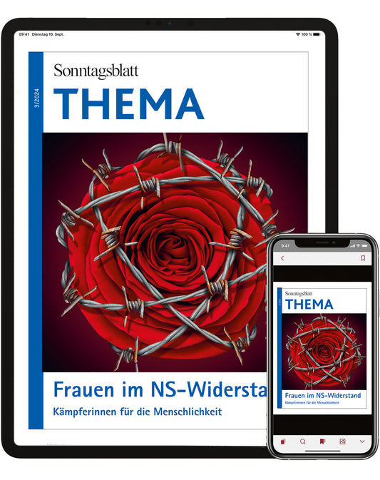 Cover des THEMA-Magazins Frauen im NS-Widerstand. Kämpferinnen für die Menschlichkeit. 
Abgebildet ist eine rote Rose, die in Stacheldraht eingehüllt ist. Das soll den Widerstand von Frauen im Nationalsozialismus symbolisieren. 
Angezeigt auf  Tablet und Smartphone. 
