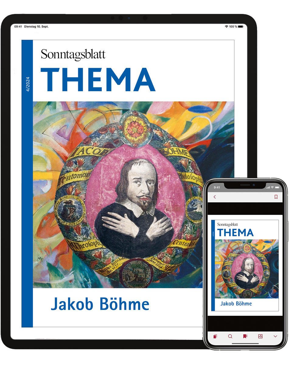 Cover des digitalen THEMA-Magazins  Jakob Böhme. 
Es zeigt ein gemaltes Porträt von Jakob Böhme, umgeben von einem bunten, künstlerischen Hintergrund und dekorativen Rahmen. Angezeigt auf Tablet und Smartphone.
