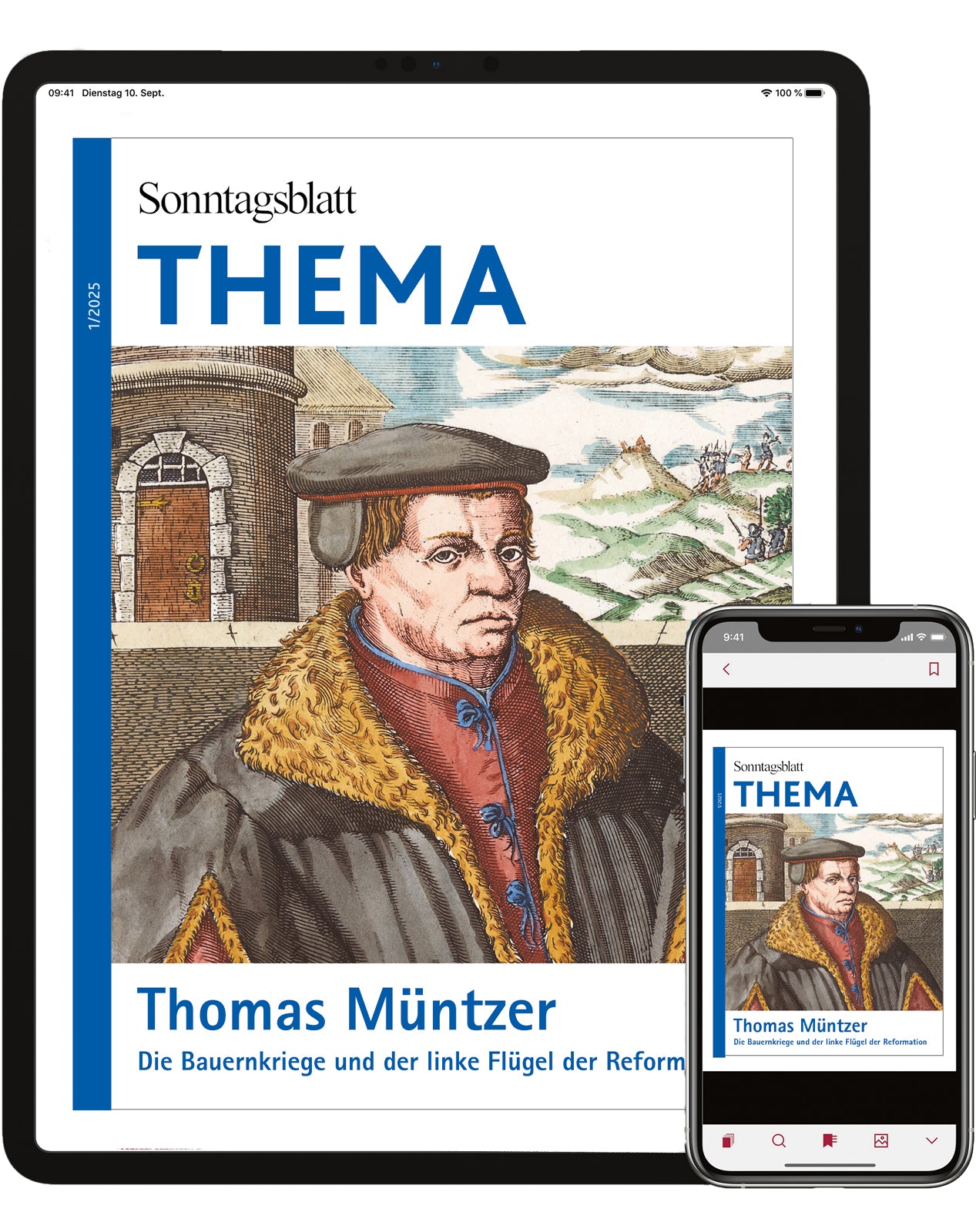 Cover des digitalen THEMA-Magazins Thomas Müntzer. Die Bauernkriege und der linke Flügel der Reformation. 
Die Abbildung zeigt ein Porträts von Thomas Müntzer in historischer Kleidung, mit einem Umhang und einem Hut. Im Hintergrund ist eine Burg und Landschaft. Angezeigt auf einem Tablet und einem Smartphone.