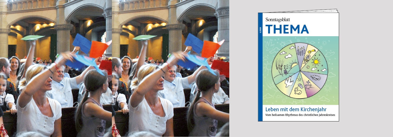 Banner des Thema-Magazins "Leben mit dem Kirchenjahr" zeigt ein Symbol des Jahreskreises in verschiedenen Grüntöen. Links daneben sieht man verschiedene Personen bei einer Abstimmung mit Stimmzetteln und den Text "Thema Kirchenjahr - Vom heilsamen Rhytmus des christlichen Jahreskreises".
