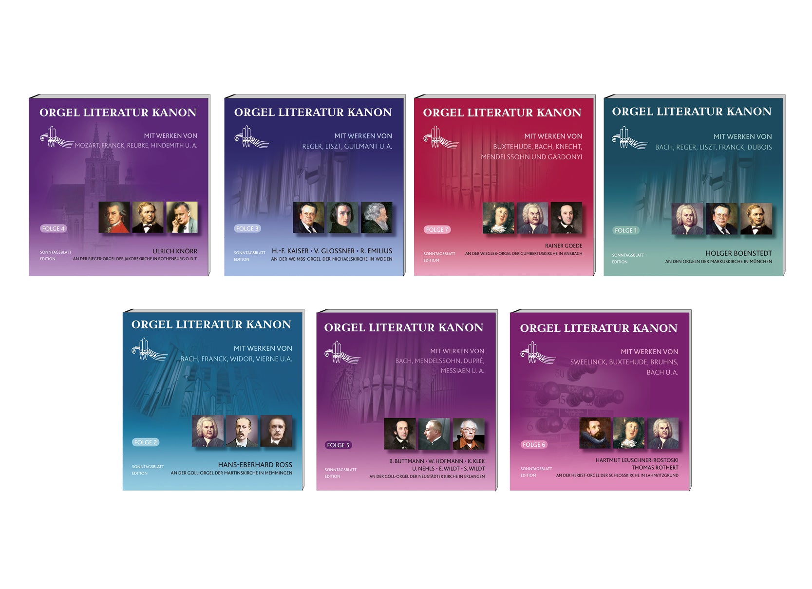 Der Orgel Literatur Kanon besteht aus sieben CD´s mit den 50 wichtigsten Werken der Orgelliteratur. Das Bild zeigt die CD Hüllen in verschiedenen Farben mit den Porträts verschiedener Musiker.