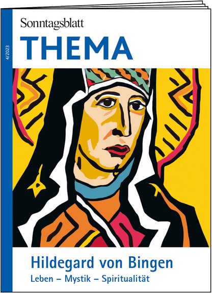 Cover des THEMA-Magazins Hildegard von Bingen - Leben, Mystik und Spiritualität. Es zeigt ein farbenfrohes, stilisiertes Porträt mit angedeutetem Heiligenschein.