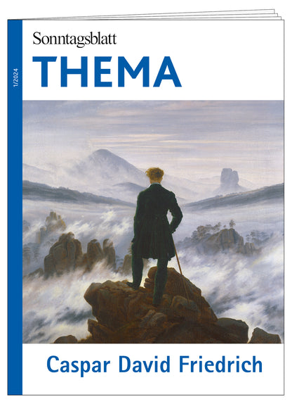 Cover des THEMA-Magazins Caspar David Friedrich. 
Dieses Gemälde zeigt Im Hintergrund eine wild-romantische Landschaft mit Nebel und Bergkuppen, im Vordergrund eine Mann von hinten in einem Gehrock und Stock auf einem Felsen.