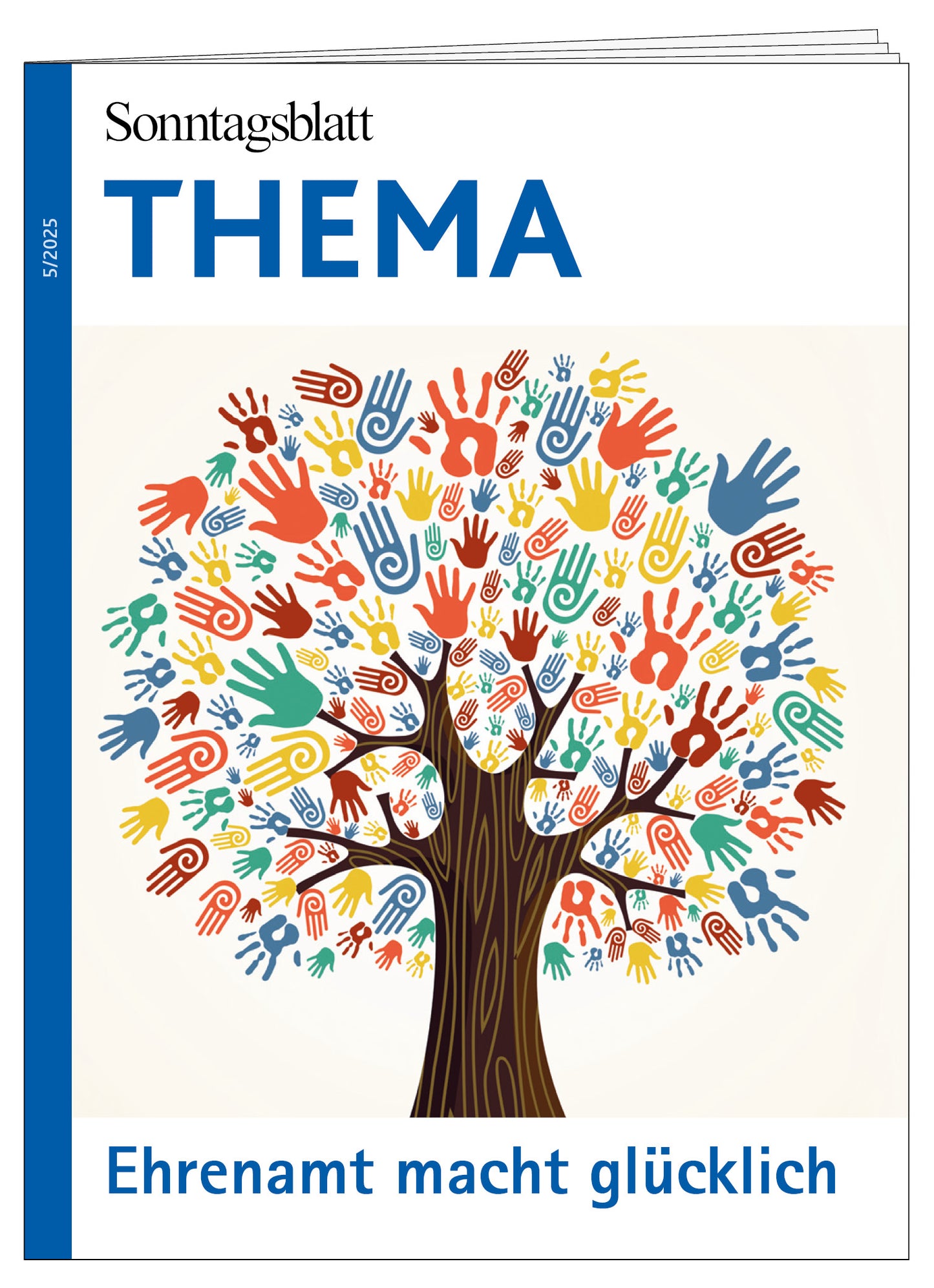Cover des Thema-Magazins "Ehrenamt macht glücklich". Das Bild zeigt einen Baum mit braunem Stamm, dessen Blätter durch Handabdrücke in verschiedenen Farben dargestellt sind.