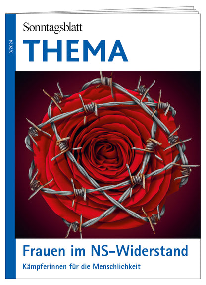 Cover des THEMA-Magazins Frauen im NS-Widerstand. Kämpferinnen für die Menschlichkeit. 
Abgebildet ist eine rote Rose, die in Stacheldraht eingehüllt ist. Das soll den Widerstand von Frauen im Nationalsozialismus symbolisieren.
