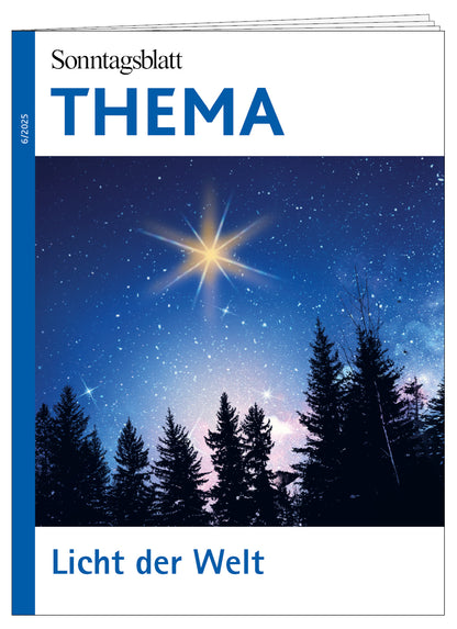 Das Cover zeigt die Zeitschrift 'Sonntagsblatt THEMA' mit dem Titel 'Licht der Welt' und einem leuchtenden Stern über einer Silhouette von Tannenbäumen vor einem sternklaren Nachthimmel.