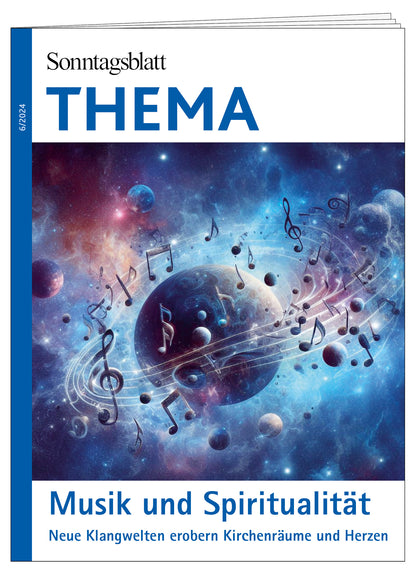 Cover des THEMA-Magazins Musik und Spiritualität. Neue Klangwelten erobern Kirchenräume und Herzen.
Es zeigt einen Planeten, der von Noten und Notenschlüsseln umkreist wird. Im Hintergrund sind weitere Planeten und Sterne sowie Sternennebel.